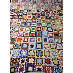 Vintage Multi Color Granny Square Crochet Afghan  74" x 65"